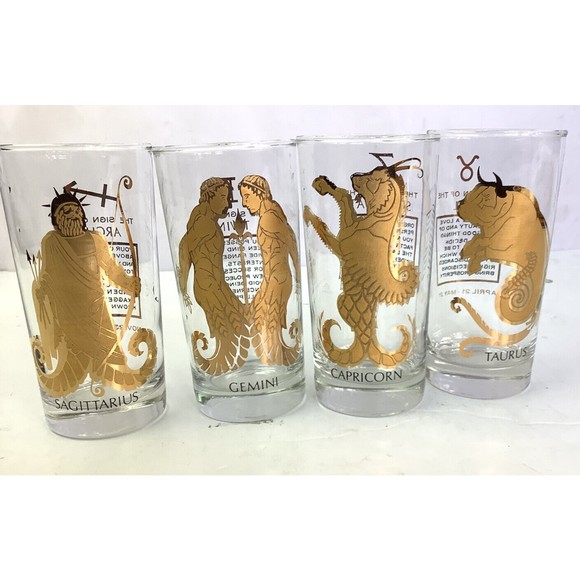 Anchor Hocking Kitchen Vtg Gold Design Zodiac Tumbler Glasses